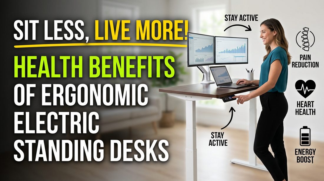  "Woman using an ergonomic electric standing desk in a modern home office setup showing proper posture."